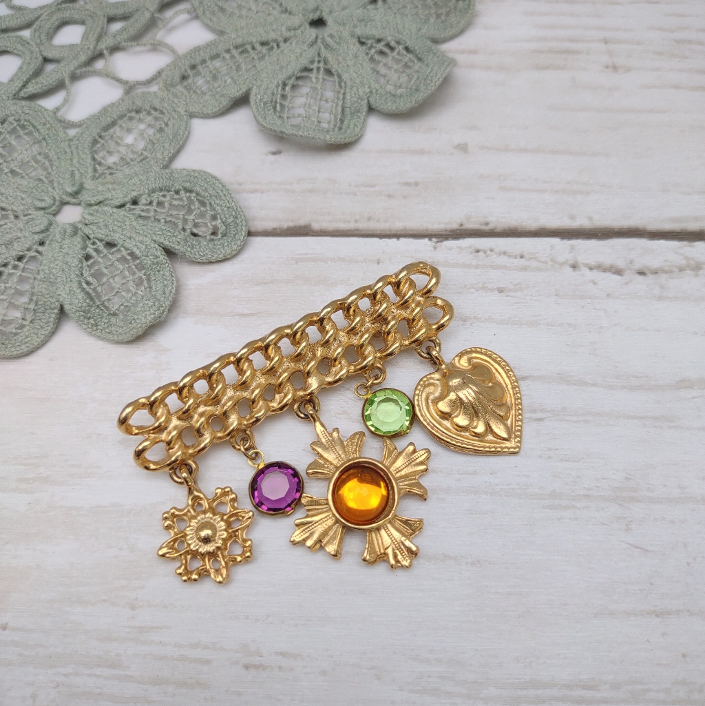 Vintage Juliana Book Piece Dangle Charm Rhinestone Metal Brooch Free Us Ship 78$